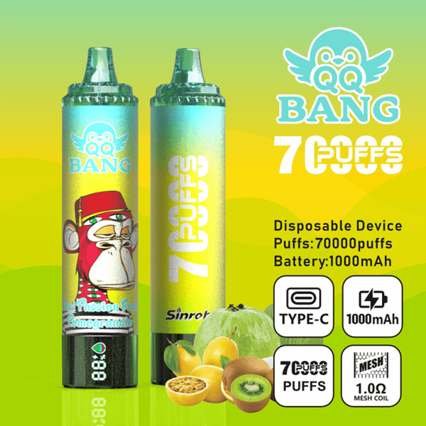 Pair of disposable e-cigarettes with “QQ BANG 7 Puffs” text, plus specs like 70000 puffs and 1000mAh battery