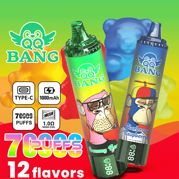 Colorful vaping device packaging showing two “QQ BANG” disposable devices with “7G 12 flavors” text and flavor badges