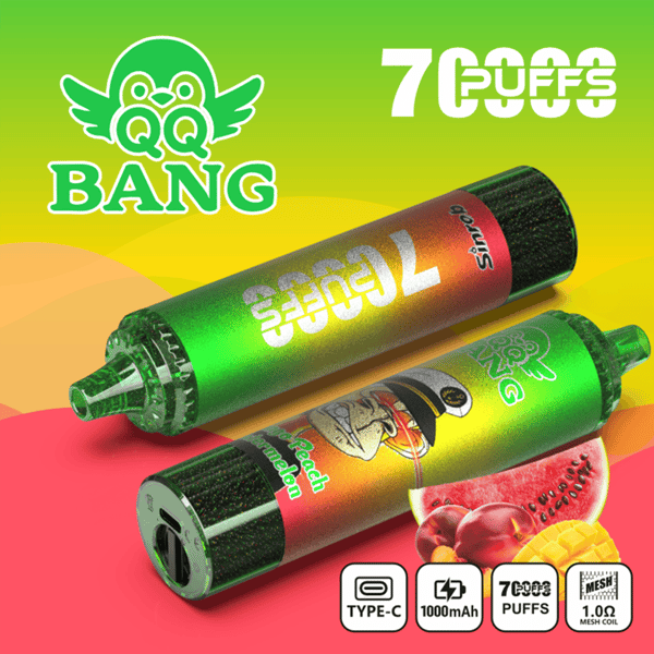 Colorful vaping product graphic showing two disposable vape pens with “NG Bang” and “7 PUFFS” text