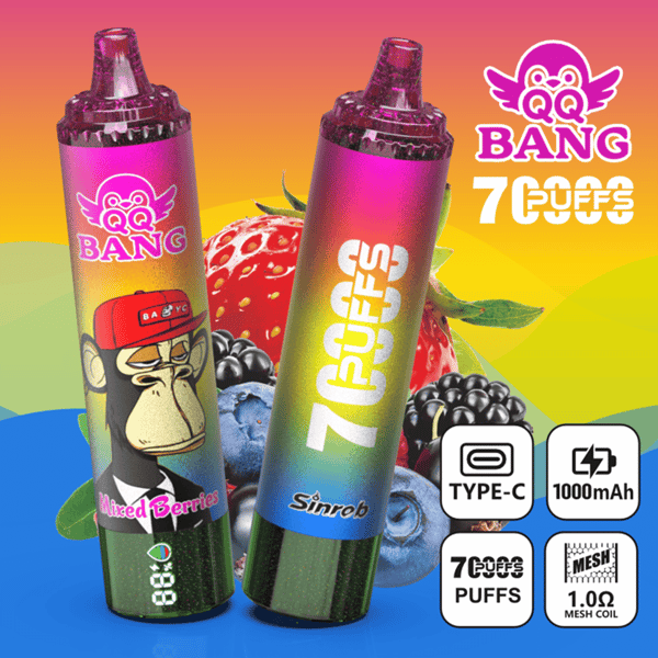 Colorful “BANG 7 PUFFS” vape canisters with flavor graphics, TYPE-C 1000mAh and 1.00 mesh coil icons on a bright background