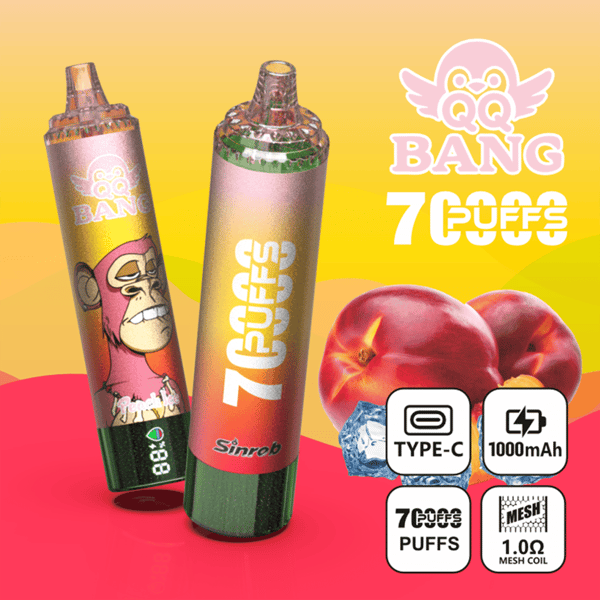Two vaping pods with “BANG 7 PUFFS” text and icons showing Type-C, 1000mAh, 7, and 1.0Ω mesh coil
