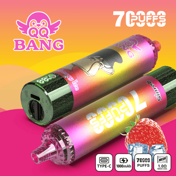 Two colorful disposable vape pens on a pink tabletop with “BANG” text and “7 PUFFS” label background graphics