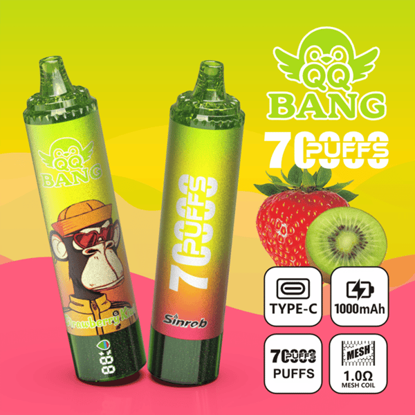 Two green vaping devices with “BANG 7 PUFFS” text, Type‑C 1000mAh and strawberry, kiwi graphics on a yellow background