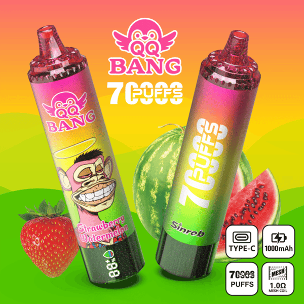 Two colorful disposable vape pens with “BANG” “7 PUFFS” text, plus fruit background and specs icons (Type-C, 1000mAh)
