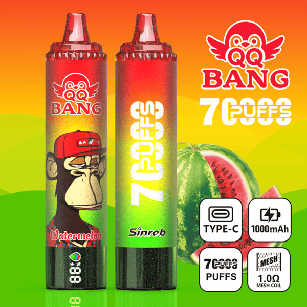 Two colorful vape pods with “QQ BANG 7 PUFFS” branding and fruit design, plus specs icons