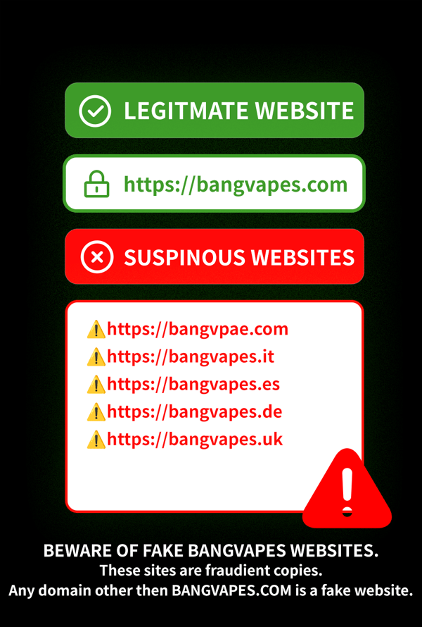 A dark warning poster contrasts a green 'LEGITIMATE WEBSITE' badge with the URL https://bangvapes.com against a red 'SUSPICIOUS WEBSITES' banner, a white panel listing fraudulent domains with yellow warning icons, a large red warning triangle, and bold text warning to beware of fake Bangvapes websites.