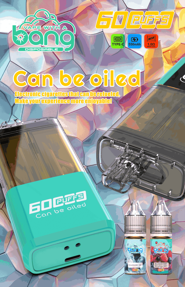 Publicité colorée pour une vape rechargeable de 60 Puffs, montrant un appareil bleu sarcelle, un boîtier en métal et deux bouteilles d'e-liquide aromatisées.