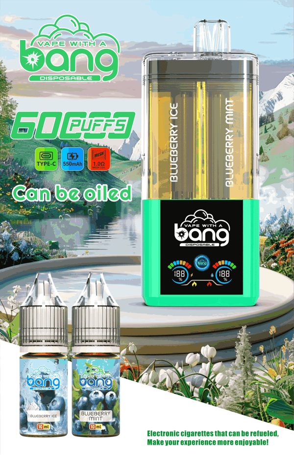 Publicité pour la vape jetable Bang avec dispositif bleu sarcelle et arômes myrtille Blueberry Ice et Blueberry Mint, plus deux flacons de 10 ml.