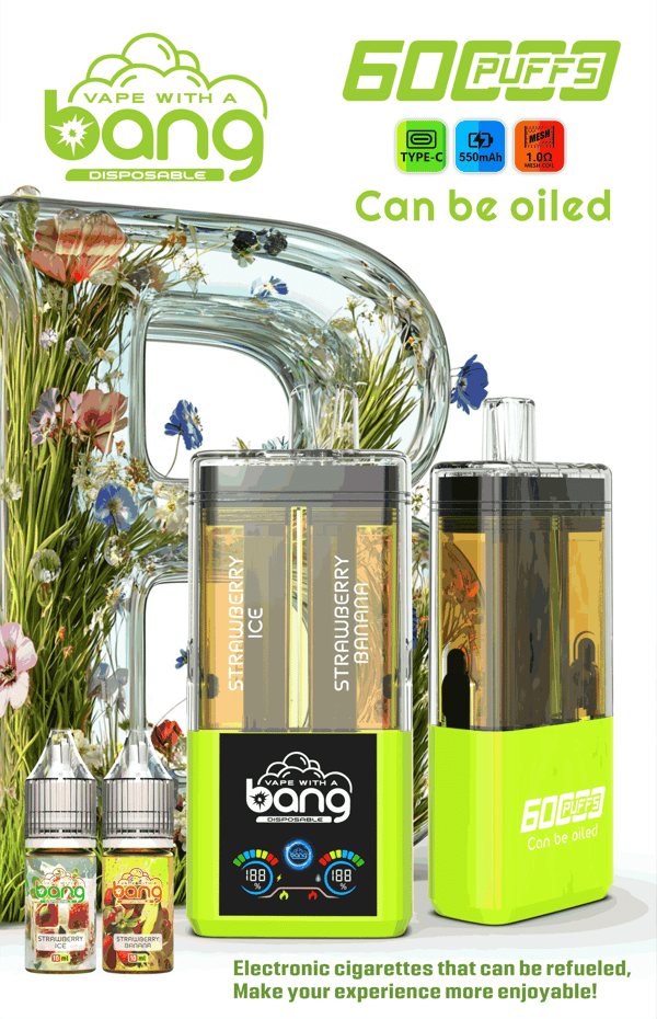 Appareil à vapoter jetable vert citron vif avec logo Bong, 60 bouffées et pouvant être huilé, devant un bang en verre floral et deux bouteilles d'arôme.