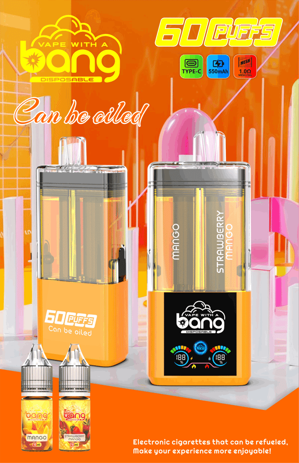 Deux stylos vape jetables orange avec dosettes transparentes sur fond orange vif, arômes mangue et fraise mangue, 60 Puffs.