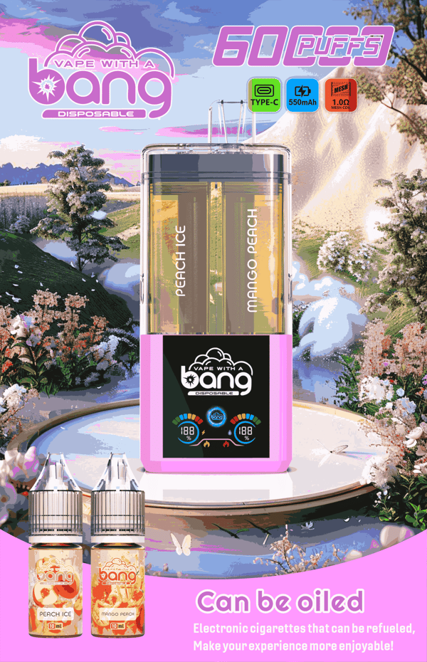 Vape jetable Vibrant Bang avec tubes Peach Ice et Mango Peach, base rose, à côté de deux bouteilles d'e-liquide.