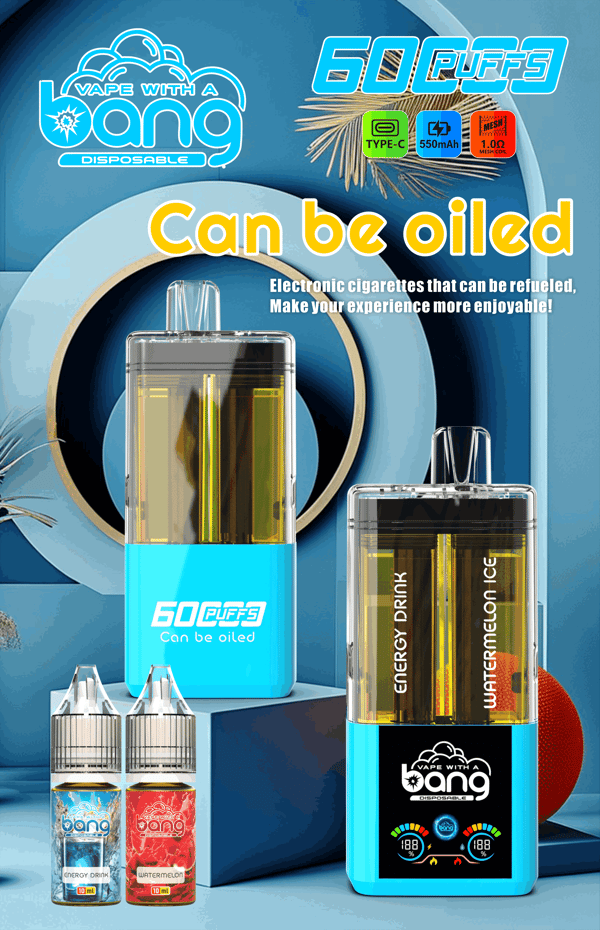 Publicité de vape bleue montrant deux appareils à dosettes transparentes avec le texte Peut être huilé et 60 bouffées, ainsi que des bouteilles d'arôme, sur un fond stylisé.