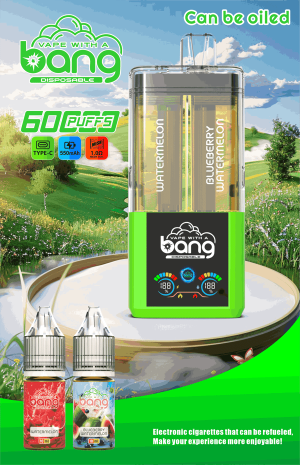 Vape Bong jetable avec corps vert et cartouche transparente, 60 bouffées, arômes Pastèque et Myrtille Pastèque, scène de parc.