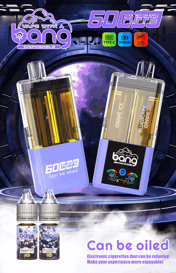 Deux appareils de vape jetables violets étiquetés 60 bouffées, de marque Vape avec des bouteilles de glace au raisin Bang; et de raisin aux bleuets illustrées.