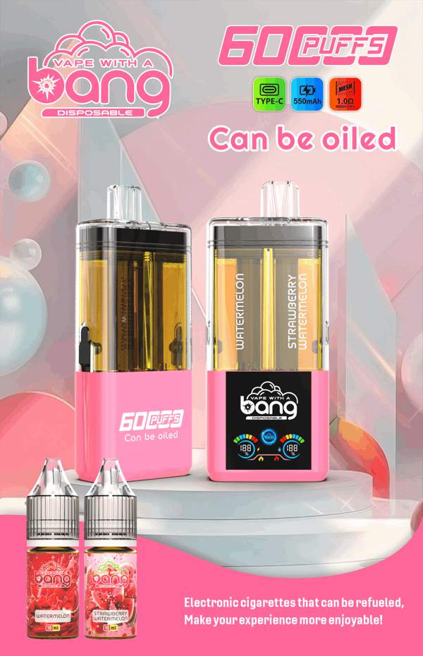 Deux appareils de vape jetables Bang à base rose étiquetés 60 Puffs peuvent être huilés, avec des e-liquides pastèque et fraise pastèque.