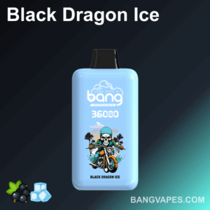 Un dispositivo di vaporizzazione usa e getta blu etichettato "Bang" con un sapore di "Black Dragon Ice", raffigurante un teschio in sella a una motocicletta e palme sullo sfondo.