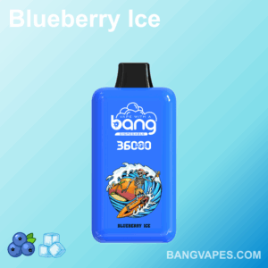 Un vaporizzatore usa e getta blu etichettato "Bang Blueberry Ice" con "3600 Puffs" e un design a scheletro da surf, su uno sfondo sfumato azzurro.