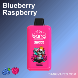 Un dispositivo di vaporizzazione usa e getta rosa brillante con il marchio "Bang", etichettato "Blueberry Raspberry", con l'illustrazione di uno scheletro di DJ e una capacità di 3600 boccate.