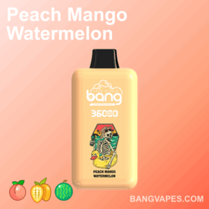 Un dispositivo di vaporizzazione usa e getta etichettato "Bang" con sapore "Peach Mango Watermelon", caratterizzato da uno scheletro in un'illustrazione di un galleggiante da piscina, su uno sfondo color pesca.