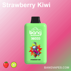 Dispositivo di vaporizzazione usa e getta verde con marchio "Bang", etichettato "Strawberry Kiwi" e "360 puffs", caratterizzato da una grafica colorata di uno scheletro danzante su uno sfondo rosa sfumato.