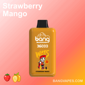 Un dispositivo vaporizzatore usa e getta giallo etichettato "Bang" con sapore "Strawberry Mango", caratterizzato dalla grafica di uno scheletro di skateboard con un berretto rosso, accanto a fragole e icone di mango su uno sfondo rosa sfumato.