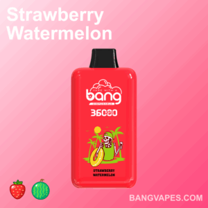 Un dispositivo di vaporizzazione usa e getta rosso etichettato "Bang" con il sapore di "Anguria e fragola", raffigurante uno scheletro che tiene una bevanda sotto una palma sul design.