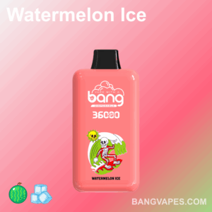 Un vaporizzatore usa e getta rosa etichettato "Bang" al gusto "Watermelon Ice", caratterizzato da un design scheletro da surf e una richiesta di 360 boccate, su uno sfondo rosa sfumato.