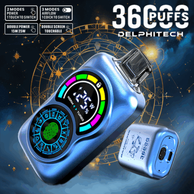 Futurystyczne urządzenie vape Delphitech wyświetlające cyfrowy ekran z kolorowym interfejsem otoczonym znakami astrologicznymi, reklamujące 36 000 zaciągnięć i podwójne funkcje ustawień mocy i przepływu powietrza.