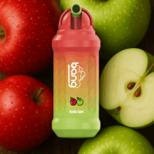 Kolorowe urządzenie do waporyzacji oznaczone 'Double Apple' z czerwonymi i zielonymi jabłkami w tle, w tym przekrojonym na pół zielonym jabłkiem z widocznymi nasionami.