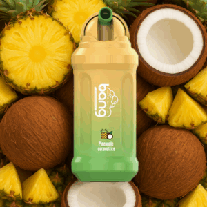 Urządzenie do waporyzacji o smaku ananasowo-kokosowym z żółto-zielonym gradientem, umieszczone na tle całych i przekrojonych kokosów, plasterków ananasa i kawałków.