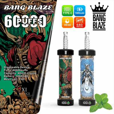 Image promotionnelle pour les appareils de vapotage jetables Bang Blaze, comprenant deux vapes illustrées avec des illustrations de personnages fantastiques, des spécifications de produit telles que 60 000 bouffées, une capacité d'e-liquide de 40 ml, une batterie de 1 000 mAh et une bobine en maille, ainsi que les noms de saveurs Cool Mint et Blue Razz, et des feuilles de menthe comme élément décoratif.