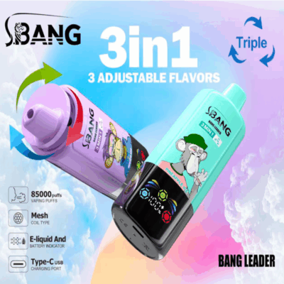 Une image promotionnelle pour les vaporisateurs à saveur réglables Bang Leader 3-en-1, présentant des designs d'appareils colorés avec des illustrations animées de singes, des icônes mettant en évidence des fonctionnalités telles que 85 000 bouffées, la technologie de bobine maillée et le chargement USB Type-C, sur un fond dégradé nuageux.