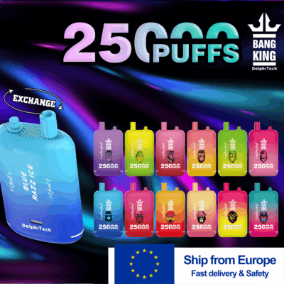 Banner promozionale colorato con una grande bottiglia blu di 'scambio' DelphiTech sulla sinistra e una fila di cialde di vaporizzazione Bang King multicolori etichettate 25.000 boccate, con una bandiera dell'UE e la didascalia 'Spedire dall'Europa' in basso.