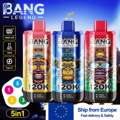 Tre bottiglie di succo di vape Bang Legend 5in1 con grafica colorata a tema scimmia e marchio 120K (rosa, blu e rosso) disposte su uno sfondo blu sfumato; un pannello di icone verticale mostra bobina a rete, 50 ml e Type-C sulla sinistra, mentre uno striscione di una nave europea proveniente dall'Europa si trova in basso.