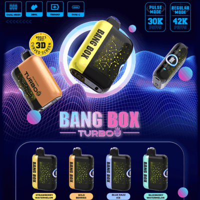 Annuncio di vaporizzazione usa e getta Neon Bang Box Turbo con schermo 3D curvo, che mostra dispositivi colorati e sapori come l'anguria alla fragola.
