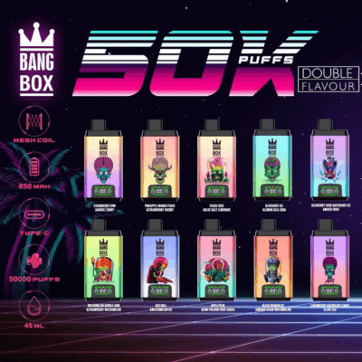 Pubblicità Bang Box al neon brillante che mostra dieci cialde di vaporizzazione usa e getta a gradiente con un'etichetta Double Flavor su uno sfondo stellato.