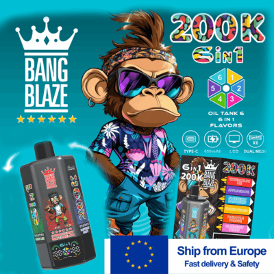 Singe de dessin animé avec des lunettes de soleil et une chemise fleurie tenant une publicité de produit de vape e-cig, texte “ Expédié depuis l'Europe ”
