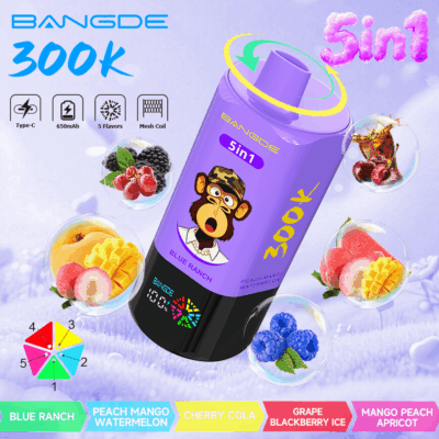 Appareil de vape violet avec saveurs “ 5 in 1 ”, icônes de fruits et mention “ BLUE RANCH ” sur une création promotionnelle