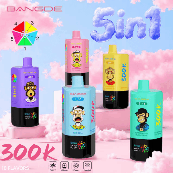 Quatre flacons de e-liquide Bangde 5-en-1 en violet, rose, jaune et bleu-vert, avec visuels de saveurs et thème “ 300+ ”
