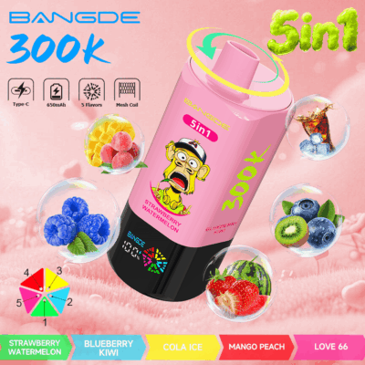 Appareil de vape rose BANgDE 300K avec icônes de fruits et visuels de saveurs “ 5 in 1 ” sur fond rose