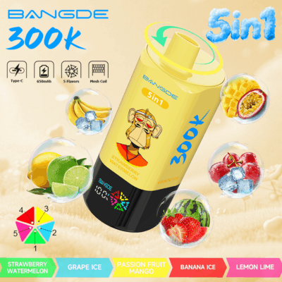 Appareil de vape jaune vif “ BANGDE ” avec saveurs “ 5 in 1 ” affichées et illustrations de fruits dans un effet de fumée bleu