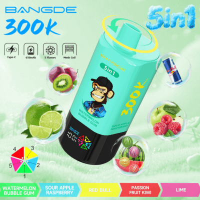 Appareil de vape turquoise avec marque “ Bande ”, texte “ 300k ”, icônes de saveurs et bulles de fruits sur fond menthe