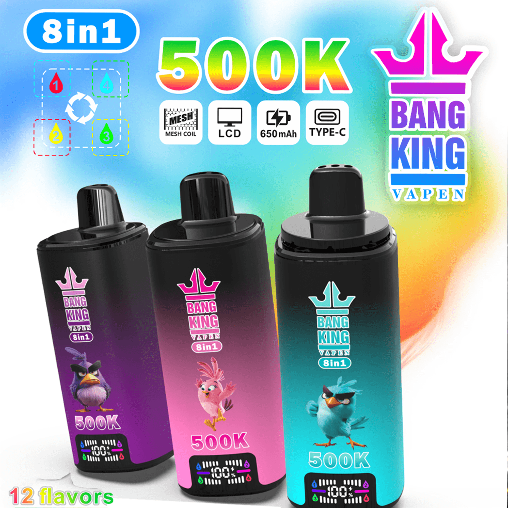 Bang King 500K 8-in-1 Disposable Vape – Rechargeable Angry Birds Edition 8 Flavor Switch Vape